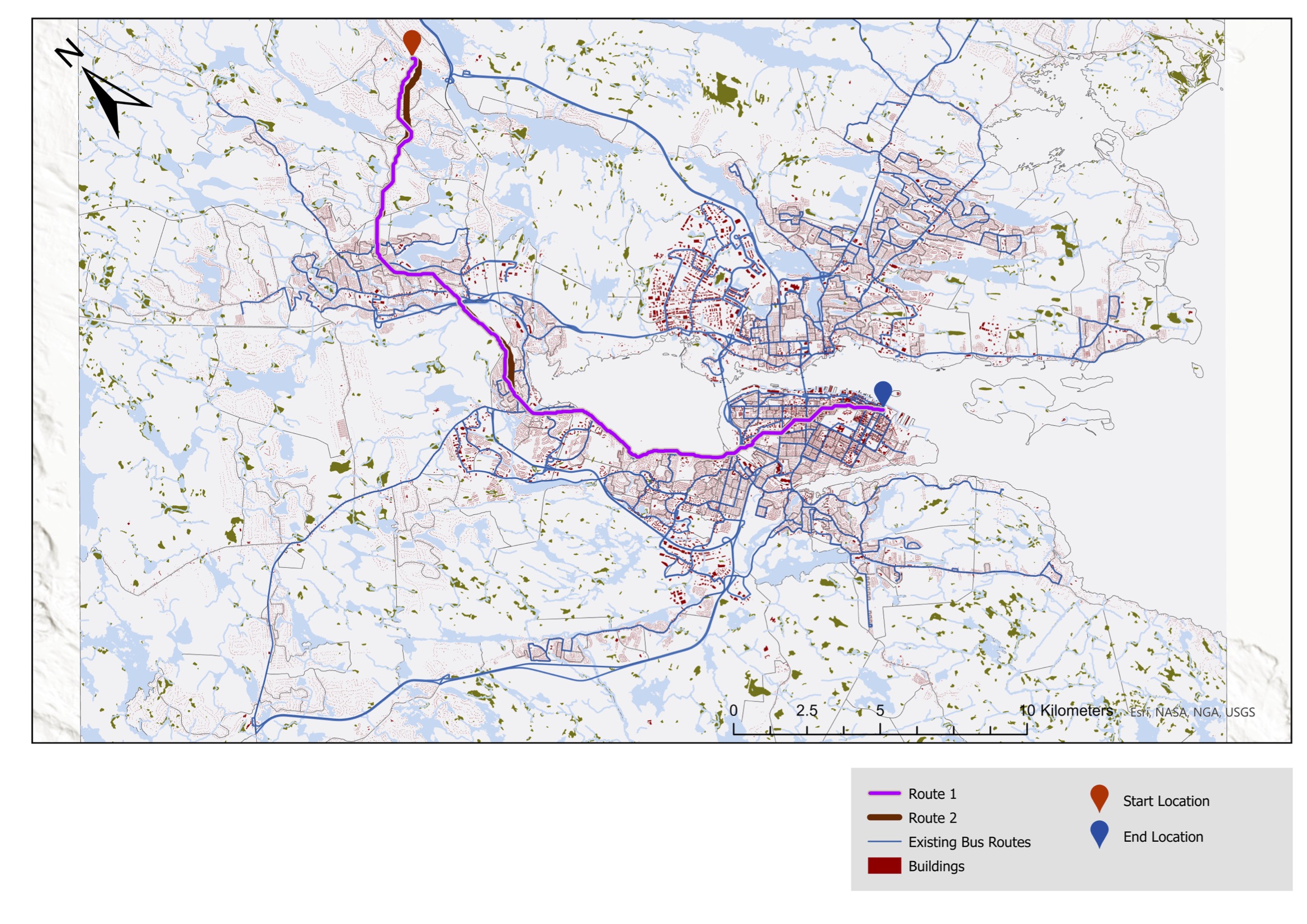 Halifax LRT route comparison map — Route 1 (Part 1 LCP) versus Route 2 (with bus-route proximity).